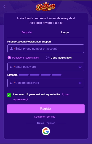 Register on BO99 Game